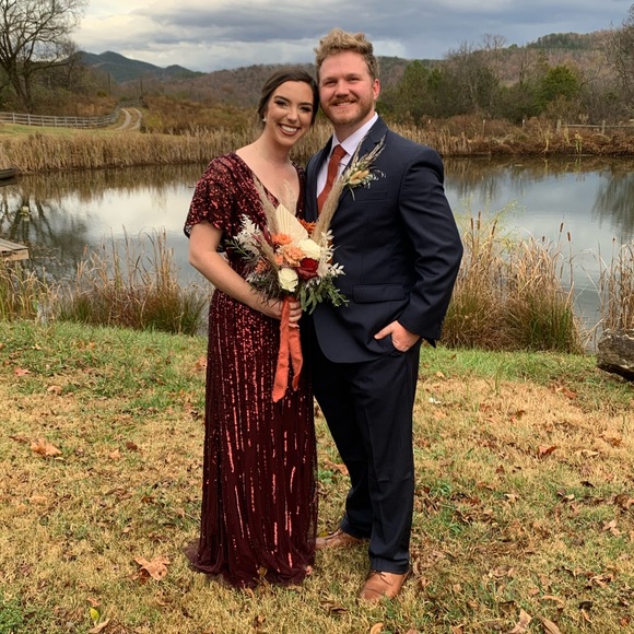 Adrianna Papell Flutter Sleeve Beaded Gown Burgundy - Picture 3 of 9